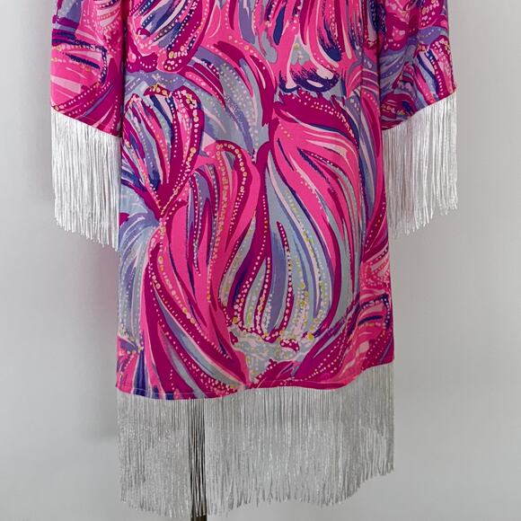Lilly Pulitzer Noelle Silk Kimono Coverup Magenta Oh My Guava Fringe XS NWT - Picture 9 of 13